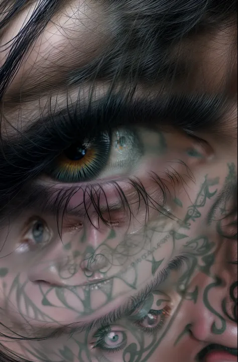 A gorgeous woman with indie tattoees, closeup face portrait, micro-details, photorealism, cinematic light, dramatic, long black hair, photorealistic, Surrealism, 8k, super detail, hyper realism, masterpiece, intricate design, real, realism, crystal clear,