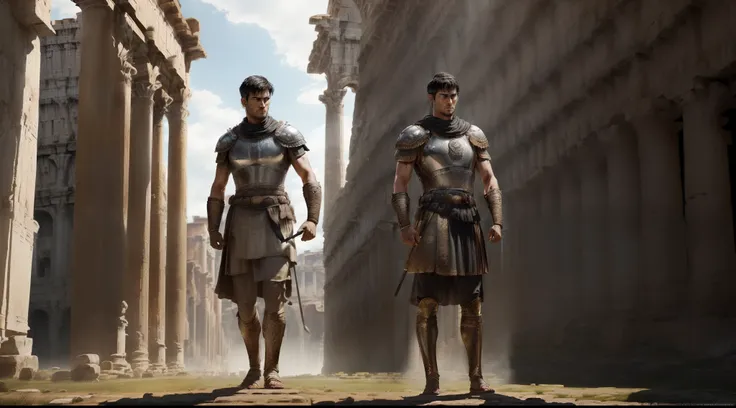 ((Realistic:1.3), (Highly detailed+Masterpiece:1.4)) depiction of a ((genuine brave Roman warrior with short black hair, standing alone:1.3)|(fearless hero of ancient Rome with short black hair, solo:1.3)) standing with unwavering courage as he stands alon...