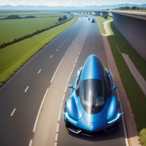 Electric car gliding on smooth highway、Its sleek curves and vibrant colors stand out against the horizon