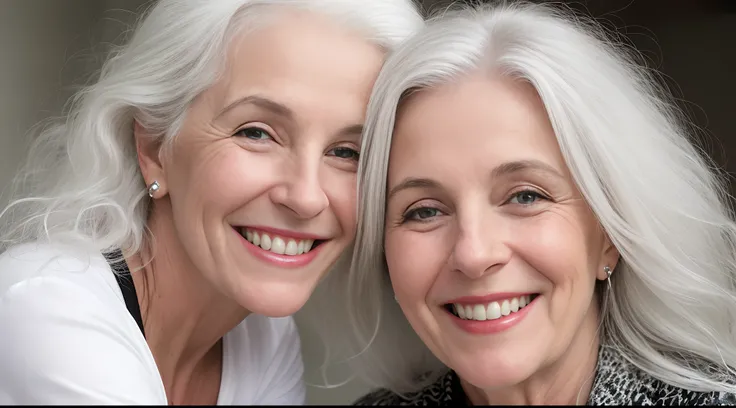 a woman with white and black hair smiling and wearing a white shirt, white haired lady, smiling woman, white and black haired, white and black -haired, she is smiling and happy, making the best smug smile, gray haired, beautiful and smiling, silver haired,...