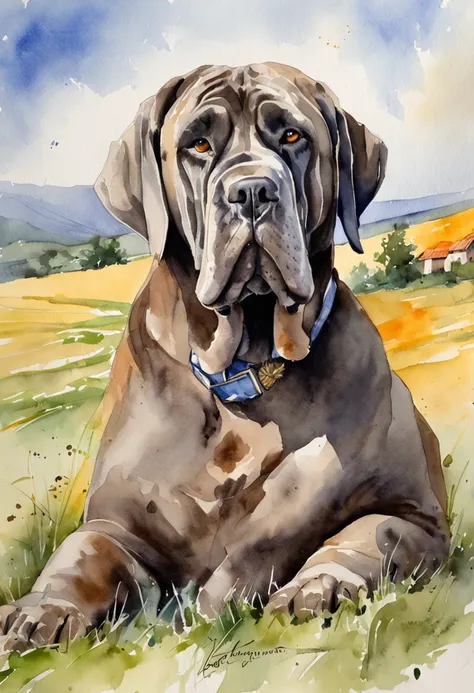 A Neapolitan Mastiff lounging in the sun on a grassy hillside in the Italian countryside, sua pele brilhando na luz.