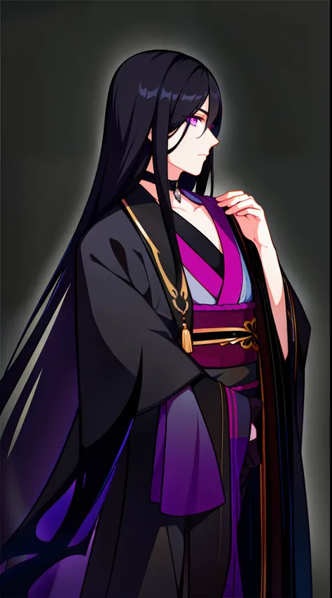 adult man, Long black hair, violet eyes, Thin, black kimono, Masterpiece, hiquality