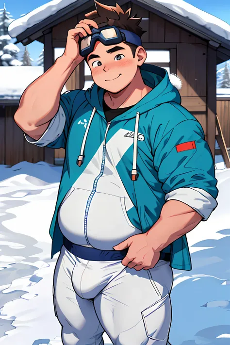 Draw a chubby cute boy，Stand in front of a hut in the snow。Goggles are worn on the forehead，Crotch bulging，Chubby 18 year old boy，The crotch protrudes，pupils，prominent pubis，Shy，The crotch protrudes，prominent pubis，The crotch is raised