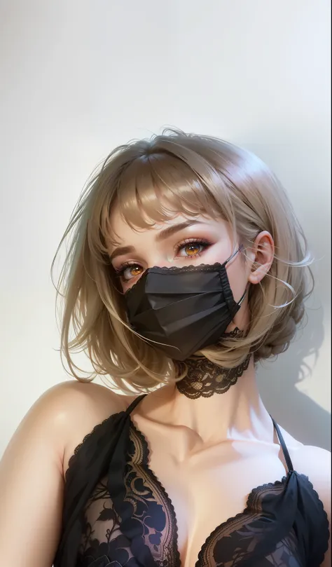 Lots of detail，Super perfect，Professional lighting，white backgrounid，skin textures，Bright eyes，Super real，Lace mask，Lace clothes，Bigchest，White skin and beautiful appearance，Perfect hair details，8K，Photo-real，Hair is longer，hyper HD，Bright brown pupils，Bac...