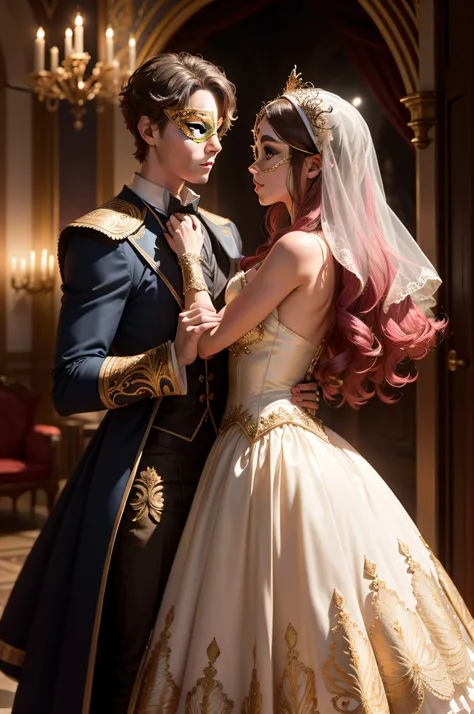 Romeo and Juliet meet at a masquerade ball and fall in love., meio corpo, XF IQ4, 150MP, 50 millimeters, ISO 1000 Certification, 1/Anos 250, Luz Natural, Adobe Lightroom, photolab, Foto Affinity, PhotoDirector 365