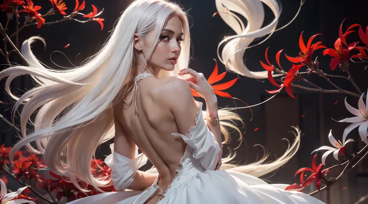 a beautiful lady, red eyes, straight hair, white hair, backless dress, from behind, looking at viewer, looking back, red spider lilies