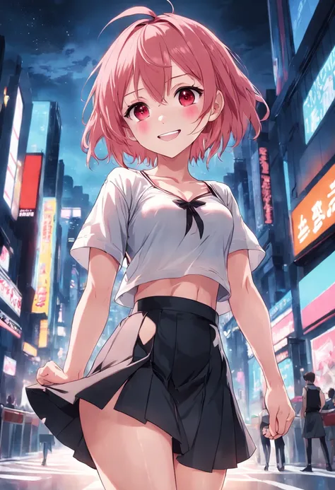 anime girl smiling, pink hair, red eyes, small breasts, cute face, girlfriend look, white top, black short skirt, around 20 years old, human