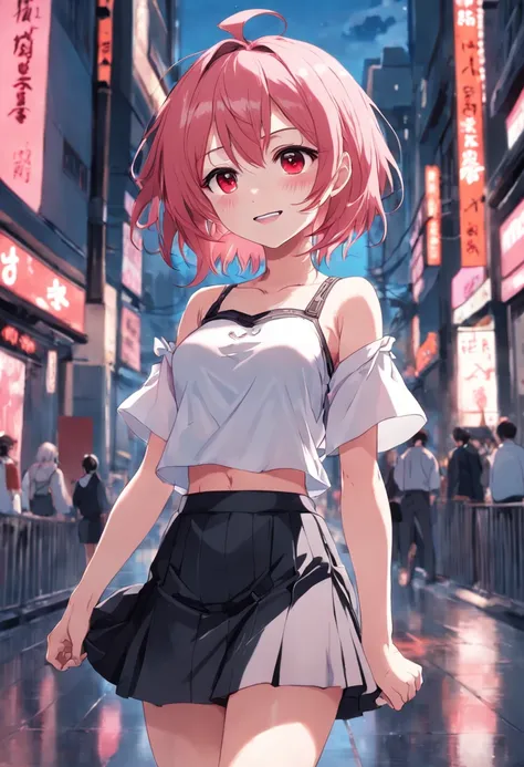 anime girl smiling, pink hair, red eyes, small breasts, cute face, girlfriend look, white top, black short skirt, around 20 years old, human