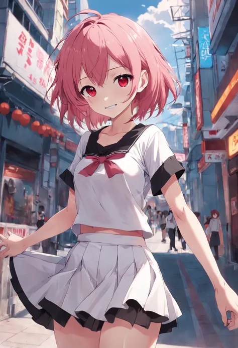 anime girl smiling, pink hair, red eyes, small breasts, cute face, girlfriend look, white top, black short skirt, around 20 years old, human