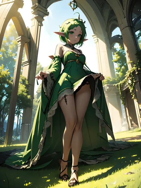 best qualityer，tmasterpiece，Ultimate resolution，downy，Extremely colorful，Colorful，Lady，a matural female，green dress long dress，Gorgeous dress，huge tit，（short white hair, elf ears），（green lence stockings，Stiletto sandals），soles of feet，a wonderful Fairyland...