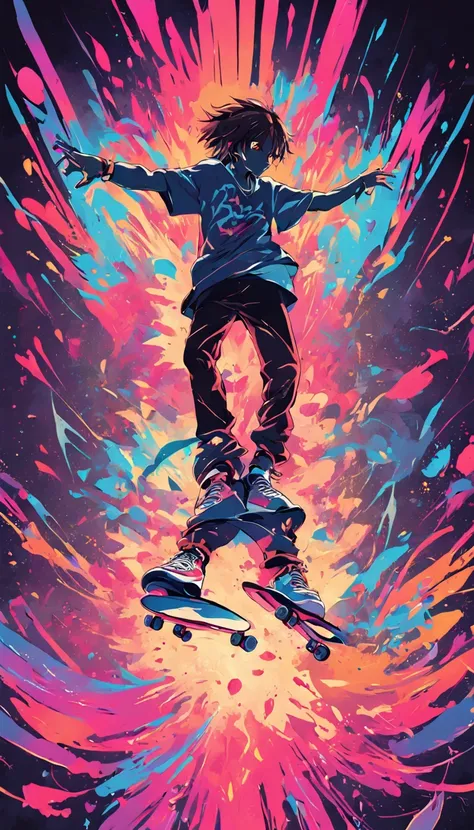 vector t-shirt art ready for print colorful graffiti illustration of a silhouette of a skater, full body, action shot, vibrant color, high detail