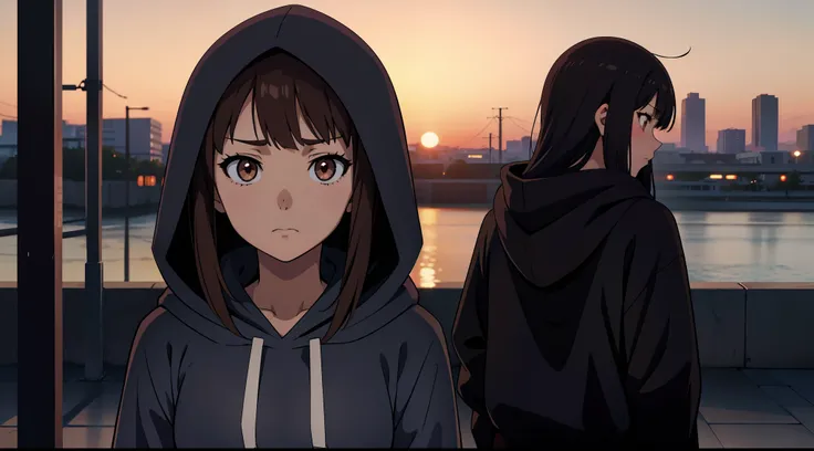 Single anime girl, looking at camera, sad face, sunset in background, upper body, ultra detailed, wearing dark grey hoodie, hood on, character back facing sunset, sad, expressionless dark ambience, brown eyes, bokeh effect, depth of field, looking at camer...