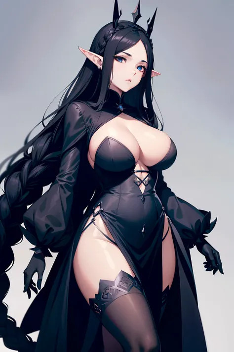 Black Dragon Princess，Elf long ears，British dark blue long group，Silk white gloves，Slightly curved long black hair，Dress conservatively，Crown of black thorns，Twist braids，Mature and steady，Complicated clothes