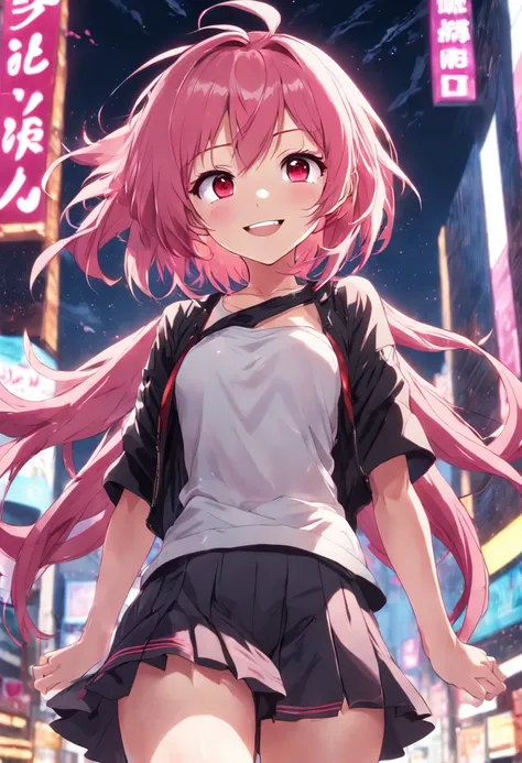 anime girl smiling, pink hair, messy hair, red eyes, cute face, girlfriend look, white top, black short skirt, sensual pose