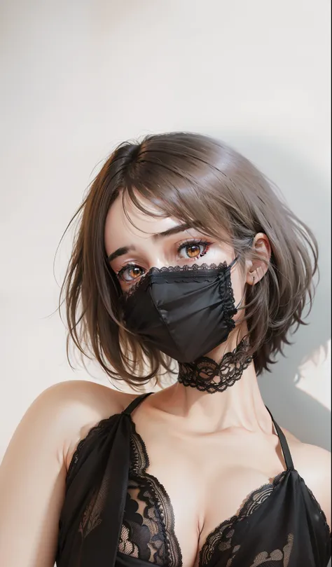 Lots of detail，Super perfect，Professional lighting，white backgrounid，The skin texture is visible，Bright eyes，Super real，Lace mask，Lace clothes，Bigchest，White skin and beautiful appearance，Perfect hair details，8K high-definition，Photo-real，Hair is longer，hy...