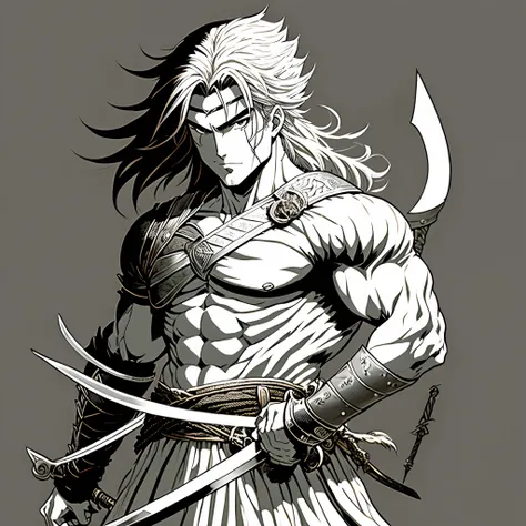 A fairly detailed manga cover, garoto, cabelo cacheado preto, holding a sword in his right hand, sem camisa, com chamas envolta do seu corpo, manga-style, quero todas as imagens em preto e branco