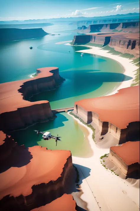 Drone hovering over surreal landscapes、Its bright colors contrast with the muted tones of the environment