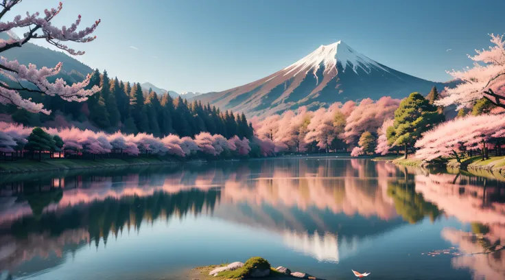 lago, Japan, zen, sakura tree, landscape