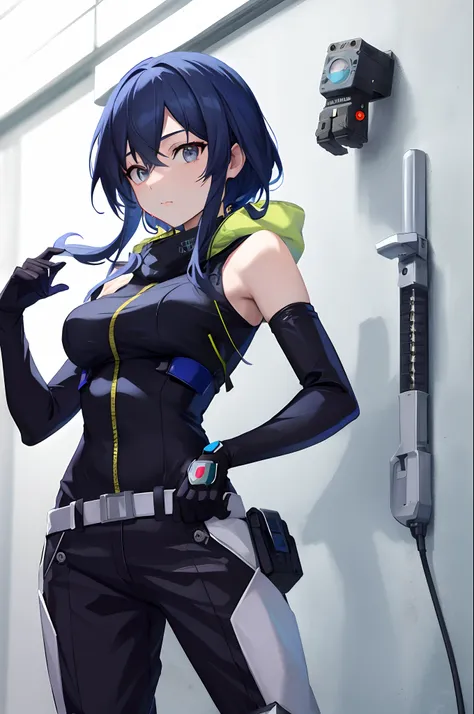 estilo anime personagem femenina  de cabelo curto,with robotic arm and a pistol in hand