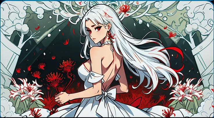 a beautiful lady, red eyes, straight hair, white hair, backless dress, from behind, looking at viewer, looking back, red spider lilies