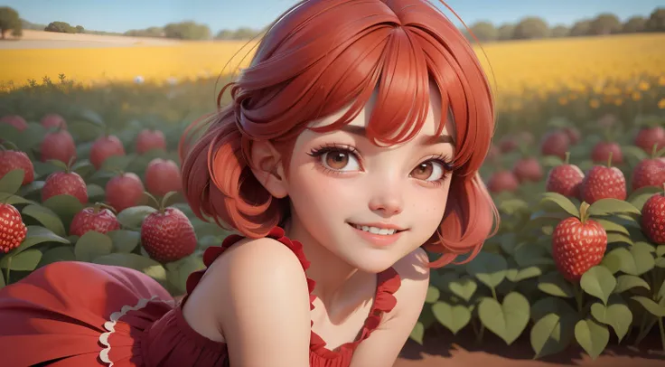 uma garotinha feliz com cabelos ruivos, beautiful face,cabelo curto com franja, usando um vestido vermelho com uma textura de morango, no estilo de um desenho animado da Disney Pixar, Brincando em um campo de Stramberry em um dia ensolarado, Dont look at t...