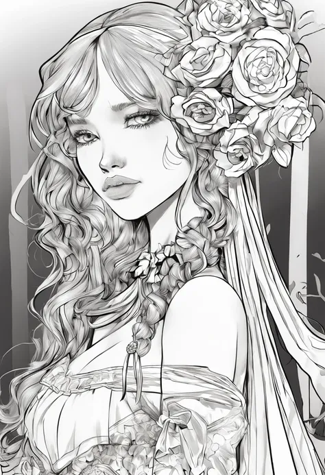 masterpiece, best quality, 1girl, solo, long_hair, looking_at_viewer, smile, dress, ribbon, jewelry, very_long_hair, hair_ribbon, flower, bracelet, two_side_up, hand_on_own_face, head_rest, hand_on_own_cheek, lineart, monochrome,