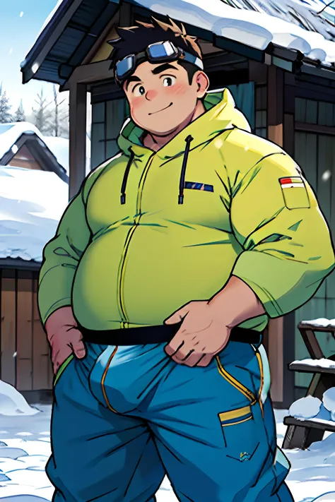 Draw a chubby cute boy，Stand in front of a hut in the snow。Goggles are worn on the forehead，Crotch bulge，Chubby 18 year old boy，The crotch protrudes，pupils，prominent pubis，Shy，The crotch protrudes，prominent pubis，The crotch is raised，Briefs