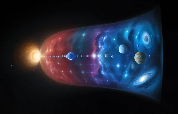 uma imagem de um diagrama do sistema solar com uma estrela no centro, cosmologia, cosmic scale, humanity like cosmic structure, The beginning of the universe, Cosmic microwave background, tearing the fabric of space-time, creation of the universe, Galactic...