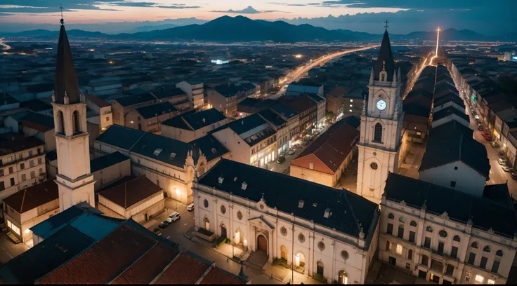 Cidade de estilo antigo e pequena, igreja no centro, noite escura e sufocante, estilo jogo de terror, evil, Aerial view, 8k, maximum detailed, high quality