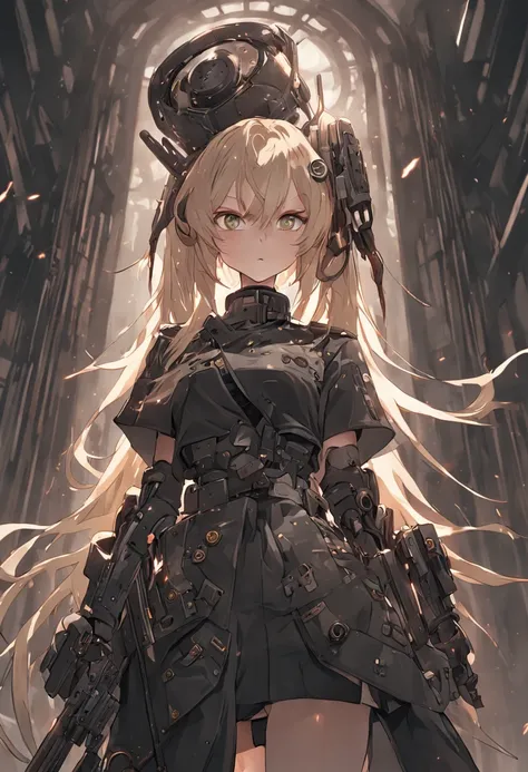 {{{tmasterpiece}}}，{{{HighestQuali}}}，{{{A high resolution}}}，{{{Highest image quality}}}， Black military uniform，in black military uniform， Mechanical prosthetic eye，The right eye is a prosthetic eye，teens girl，1girll，blond hairbl，Metal double ponytail，du...