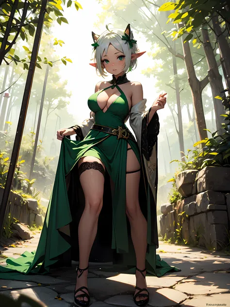 best qualityer，tmasterpiece，Ultimate resolution，downy，Extremely colorful，Colorful，Lady，a matural female，green dress long dress，Gorgeous dress，huge tit，（short white hair, elf ears），（green lence stockings，Stiletto sandals），soles of feet，a wonderful Fairyland...