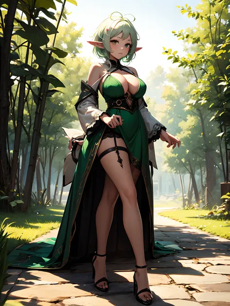 best qualityer，tmasterpiece，Ultimate resolution，downy，Extremely colorful，Colorful，Lady，a matural female，green dress long dress，Gorgeous dress，huge tit，（short white hair, elf ears），（green lence stockings，Stiletto sandals），soles of feet，a wonderful Fairyland...