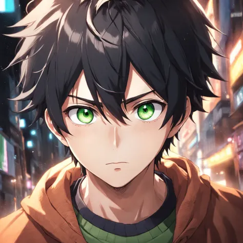 desiludido, anime boy with black hair and green eyes staring at camera, Nice realistic portrait, anime semi-realista, detailed anime soft face made by anime painter studio, Retrato anime do homem bonito, realistic anime art style, arte cg anime suave, anim...