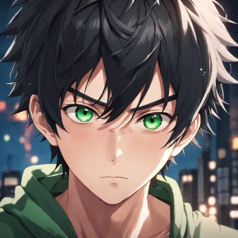 desiludido, anime boy with black hair and green eyes staring at camera, Nice realistic portrait, anime semi-realista, detailed anime soft face made by anime painter studio, Retrato anime do homem bonito, realistic anime art style, arte cg anime suave, anim...