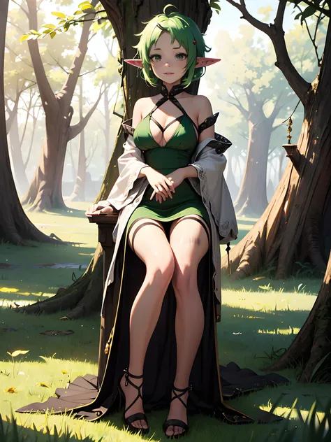 best qualityer，tmasterpiece，Ultimate resolution，downy，Extremely colorful，Colorful，Lady，a matural female，green dress long dress，Gorgeous dress，huge tit，（short white hair, elf ears），（green lence stockings，Stiletto sandals），soles of feet，a wonderful Fairyland...