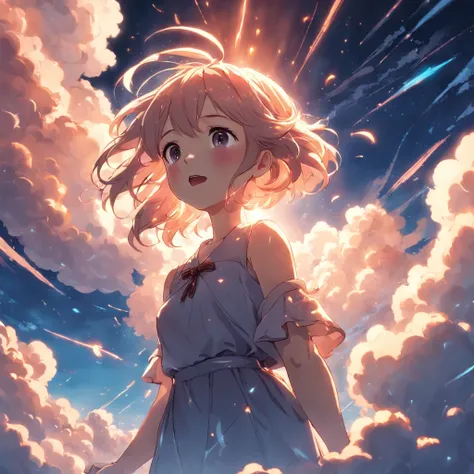 masterpiece, best quality, movie still, 1girl, cloud girl, floating in the sky, close-up, bright, happy, warm soft lighting, sunset, (sparks:0.7)