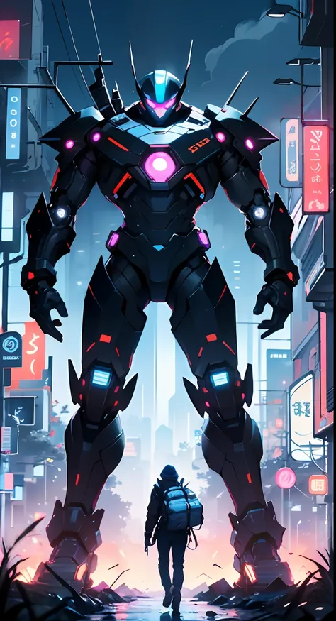 Imposing black plastic metal android robot,three meters tall and with a minimalist design that highlights its marked metallic musculature. His head is smooth and adorned with RGB lights that highlight his uniqueness and futurism.

He carries a metal backpa...