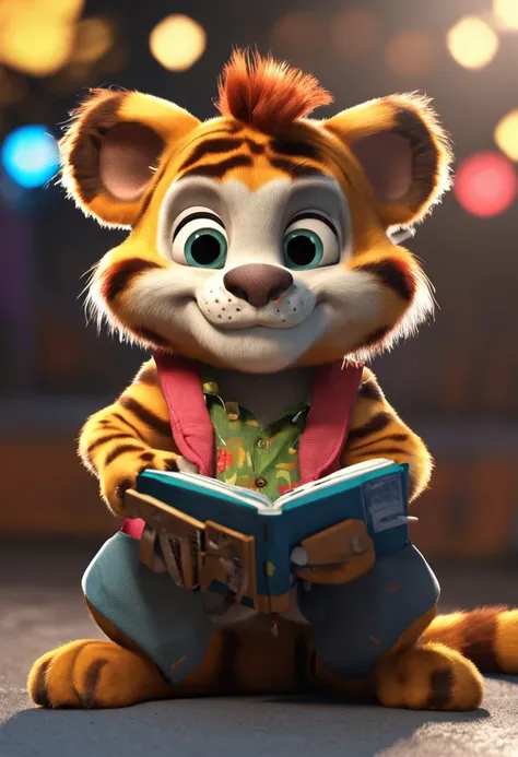 um close up de um tigre de desenho animado com uma camisa , promotional render, modelo 3d de um mascotee , Personagem 3D, Personagem 3D, 3 d character render, Personagens 3D, animation character, is sitting, with a cell phone in your hand