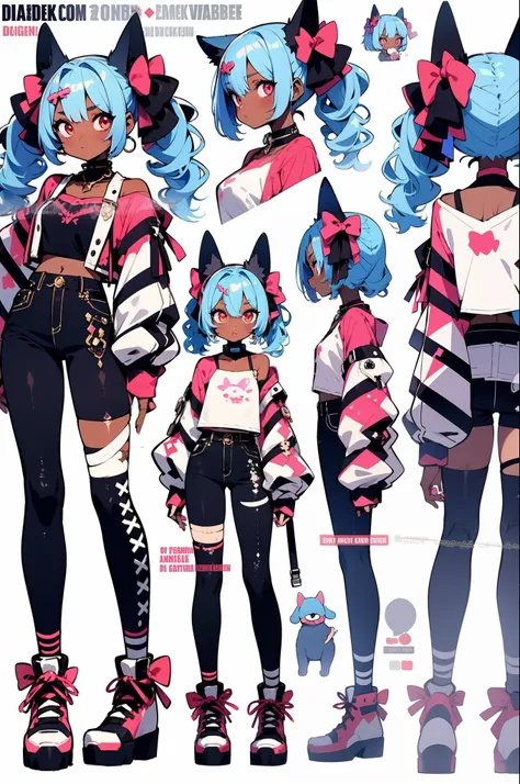 anime, refsheet, girl, anime styled, character design, 2d, decor, stitches, zombie, dog ears, black and gray, darkskin