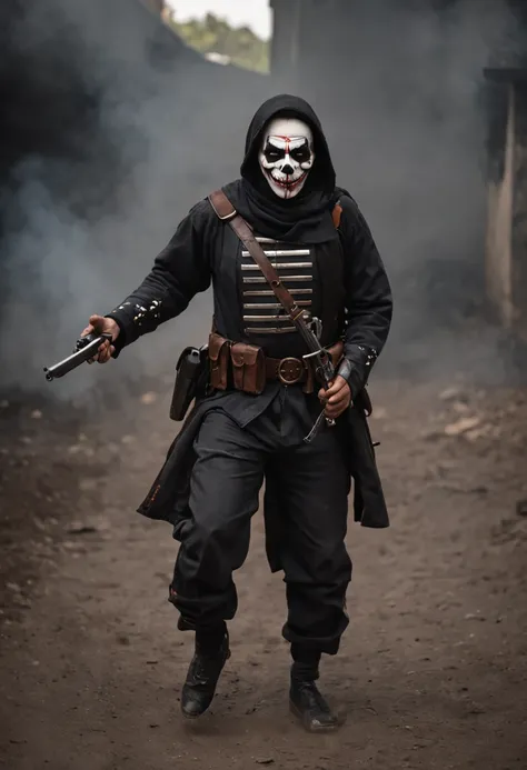 On the battlefield of gun smoke，Um Policial com o rosto de caveira sinistra, com um sorriso torcido，With two daggers in his hands，estilo ninja, Com um rifre de assalt fusil nas costas, Stepping on a psychopathic clown, Several dead clowns on the ground,  A...