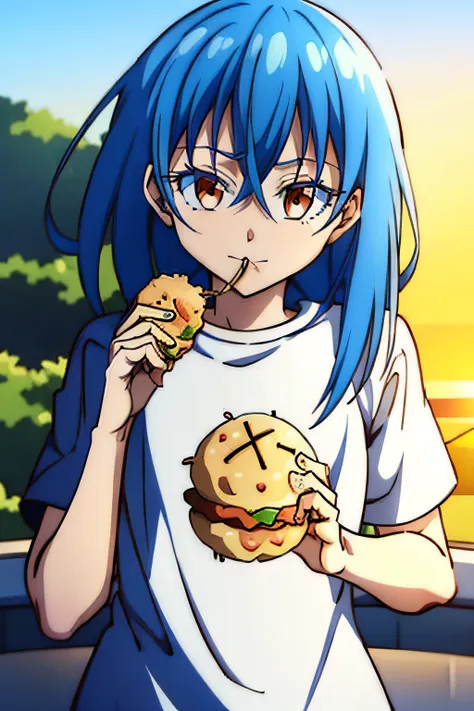 rimuru eating kfc burger in kfc graphic t-shirt, holding kfc burger in one hand and kfc fries in the other