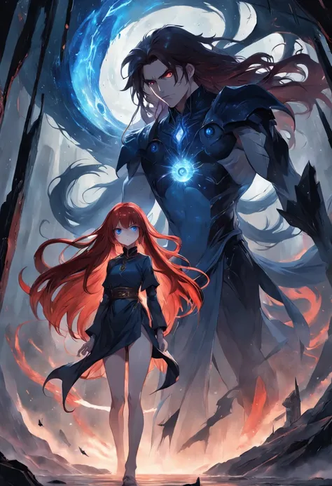 In a dark fantasy realm, a tall female with long, flowing red hair and prominent features stands defiantly next to a male with shoulder-length black hair. Both gaze into multiple portals, revealing glimpses of various worlds. Amidst the chaos, a blue book ...