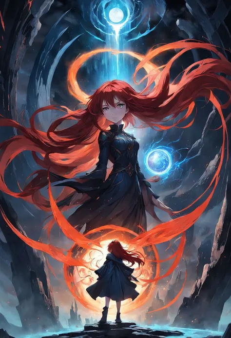 In a dark fantasy realm, a tall female with long, flowing red hair and prominent features stands defiantly next to a male with shoulder-length black hair. Both gaze into multiple portals, revealing glimpses of various worlds. Amidst the chaos, a blue book ...