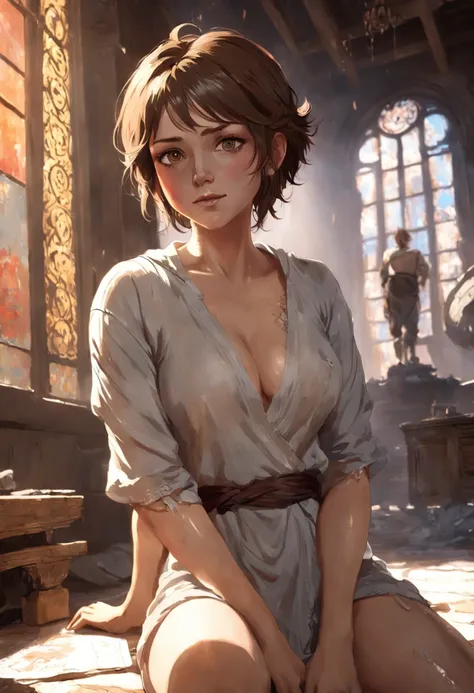 beautiful woman, very feminine, lara croft, looking at camera, relaxed pose, gental smile, short messy hair, lustrous clear skin, braless, cleavage, linen cloth shirt, victorian clothes, cell shaded, dynamic lighting, portrait, unreal engine, global illumi...