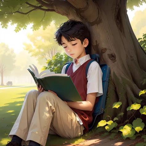 A boy reading a book  under tree