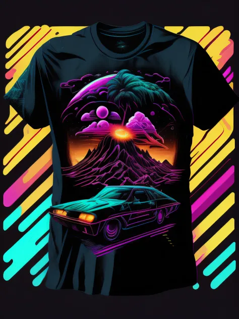 psychadelic, vector image, t-shirt design, isolated, black background, futuristic 3D illustration