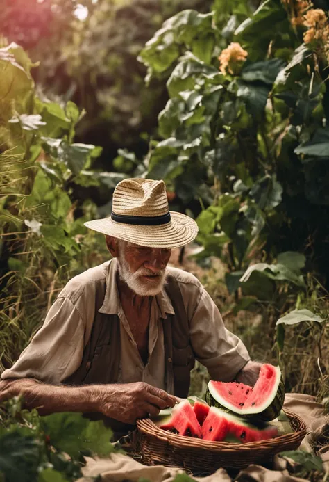 ELDERLY MAN WITH STRAW HAT EATING WATERMELON