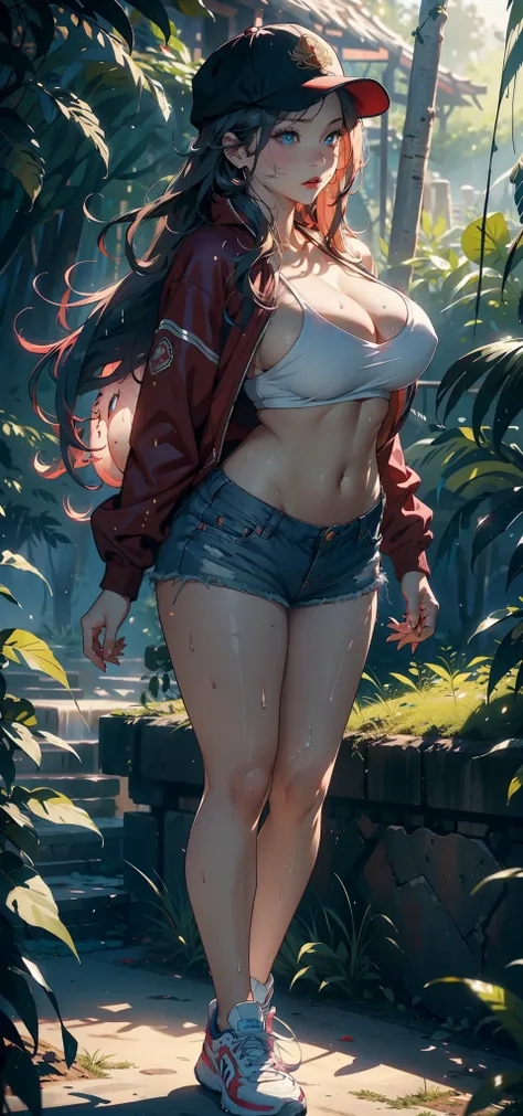 1female，35yo，熟妇，gigantic cleavage breasts，Big breasts Thin waist，long leges，Pornographic exposure， 独奏，（Background with：ln the forest，the rainforest，in summer） She has long pink hair，standing on your feet，Sweat profusely，drenched all over the body，seen from...