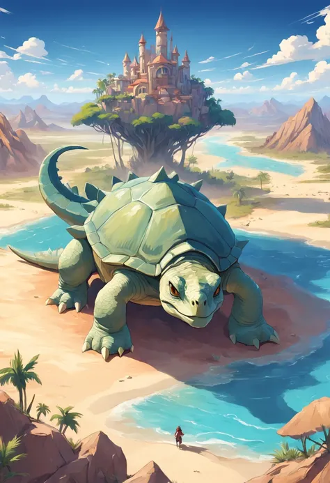 There is a dinosaur turtle that is in the middle of a desert, detailed fantasy illustration, detailed 2d illustration, isometric island in the sky, arte de fantasia digital 2d detalhada, baixo detalhamento. pintura digital, arte conceitual digital detalhad...