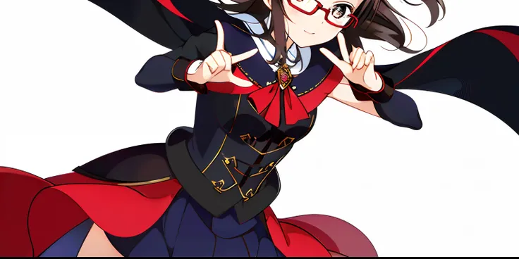 masterpiece, best quality, masterpiece, (1girl), (LLChar), (dark brown hair, dark brown eyes), standing, (white background, simple background), stoic, love live!, anime girl, ((shoulder length dark brown hair swept to the side)), (red glasses), expressive,...